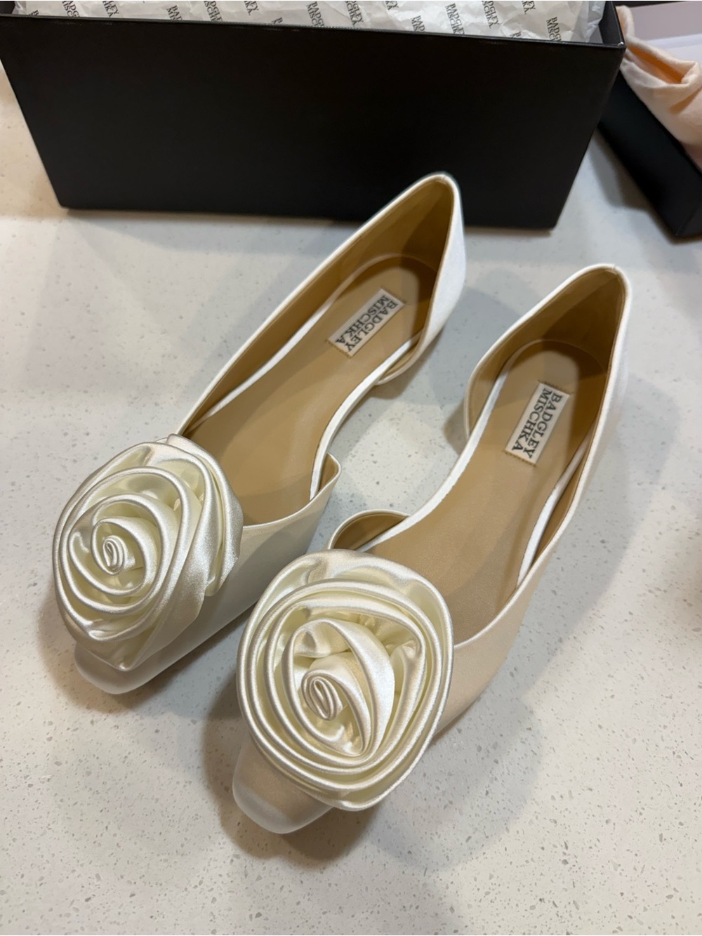 Badgley Mischka Ivory Satin Rosette Jana D'Orsay Flats